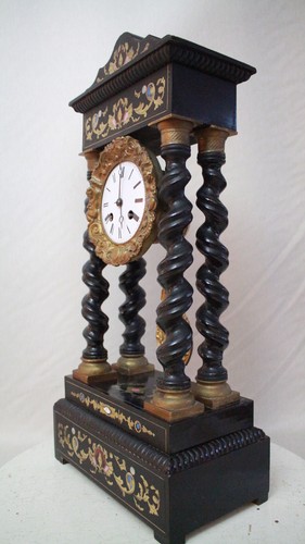 ANTIGUO Reloj de Mesa Francés Marquerty Colorido con Incrustaciones Imperio 1885 - Imagen 3 de 14