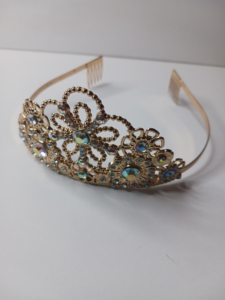 Crystal Iridescent Crown Tiara Gold Bride Wedding Graduation  display picture 1