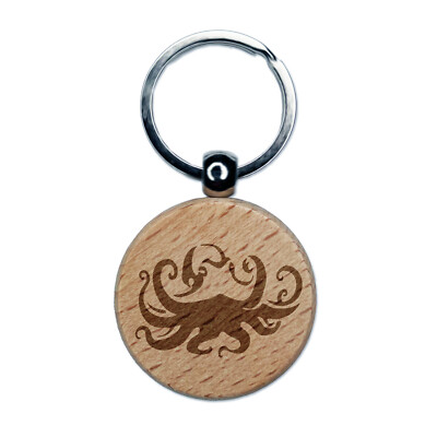 Floating Swimming Octopus with Tentacles Spread Engraved Wood Round Keychain
