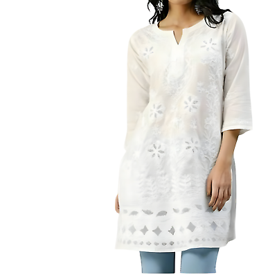 Ada Hand Embroidered White Georgette Lucknowi Chikankari Indian Women  Straight Short Kurti with Slip - A911300 - Ada - 4096881