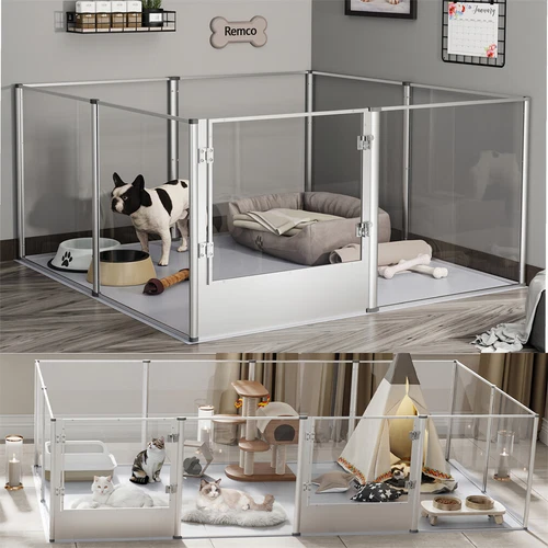 Large Acrylic Dog Playpen Cage Pet Clear Fence Indoor Exercise Fence Cage w/Mat
