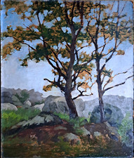 Antique STUDY OIL on panel "trees and rocks in FONTAINEBLEAU" 1930s