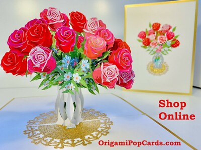 Bouquet of Red Pink Roses in a Vase Embossed in Gold Mother's - Main Image