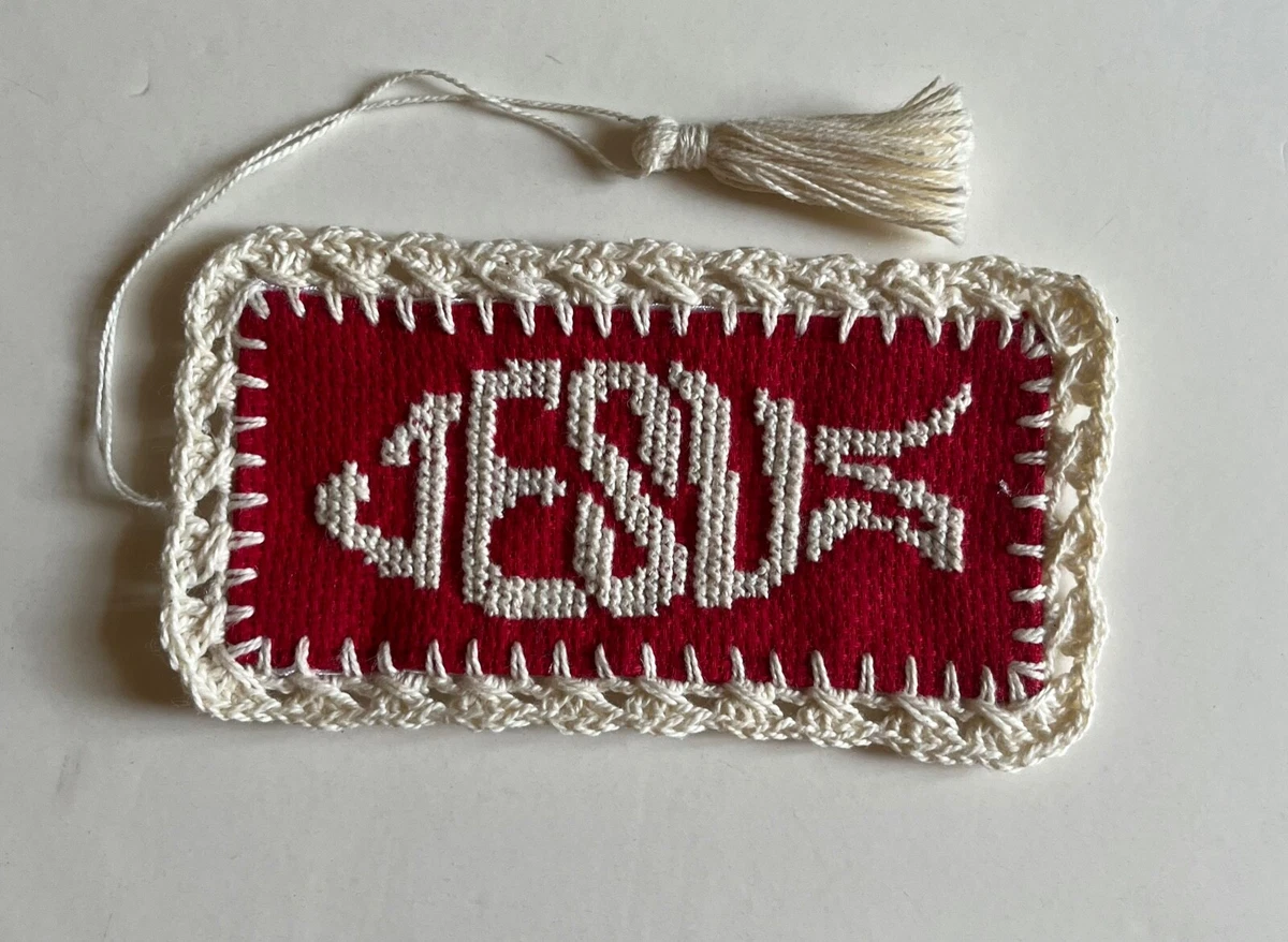 completed cross stitch bookmark crochet border tassel Jesus Christmas Red  Fish | eBay