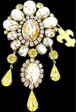 VENDOME Gold Fluss Cabochon Yellow & Ice Rhinestone Vintage Brooch Original TAG!