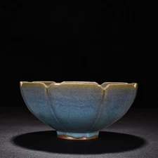 7.5" Antique song dynasty Porcelain guan kiln Blue glaze fambe Flower mouth bowl