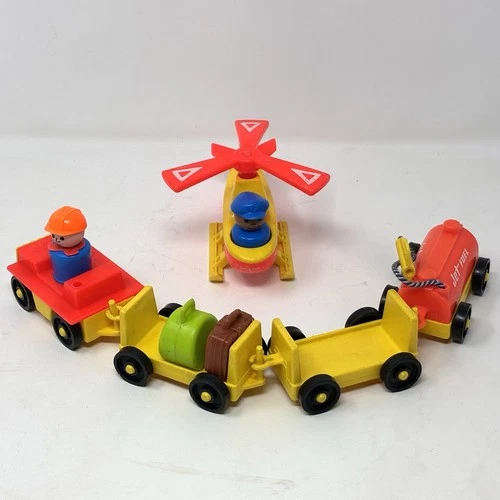 Vintage Fisher Price Little People Airport Jet Fuel Luggage Cart Helicopter
