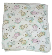 VTG Carters Pastel Teddy Bears Bees Baby Blanket 90's Blue Pink Tan Cotton