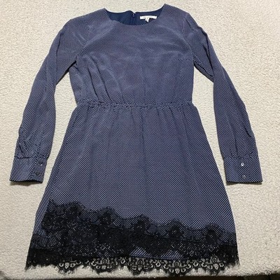 Avec Les Filles Womens Small Dress Blue Geometric Long Sleeve Mini Lace Trim