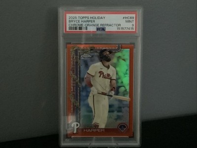 2025 Topps Holiday Chrome - Bryce Harper HC69 -Orange Refractor /25 - PSA 9