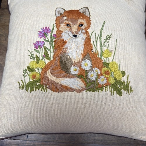 Handmade Vintage Fox Embroidered Pillow Square With Safari Animals On Back
