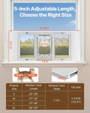 Cat Door for Window, Adjustable to Fit Window Width 31"-36", White