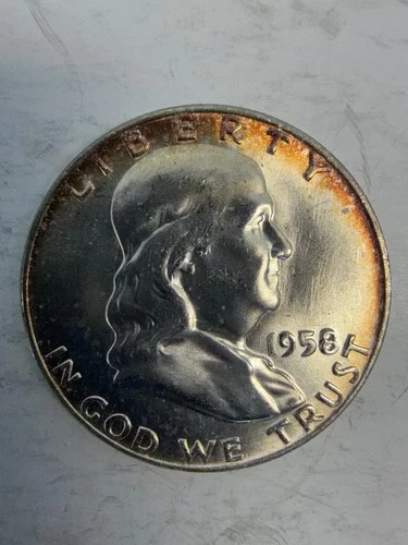 1958-D Franklin Half Dollar 50C BU Brilliant Unc. Nice Bell Lines Toning #1977
