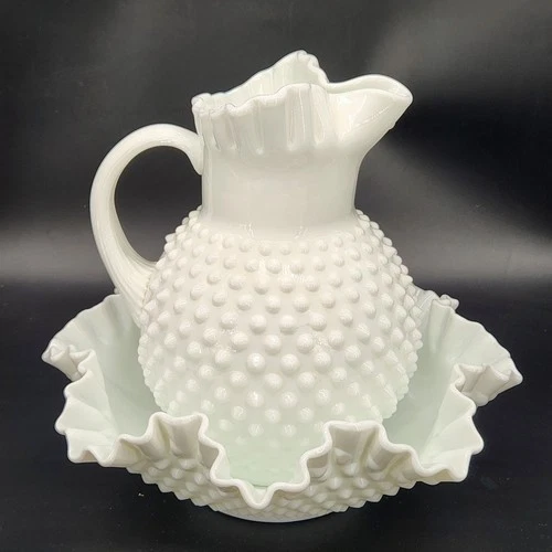 Vintage Fenton H. Blown Milk Glass Scalloped Hobnail Pitcher & Ruffle Bowl Base