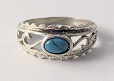 Vtg Southwestern Sterling Silver Open Work Turquoise Cabochon Ring Band SZ 9