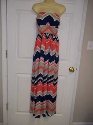 Emerald Sundae Long Dress Large Strapless Blue Tan Coral Chevron | eBay