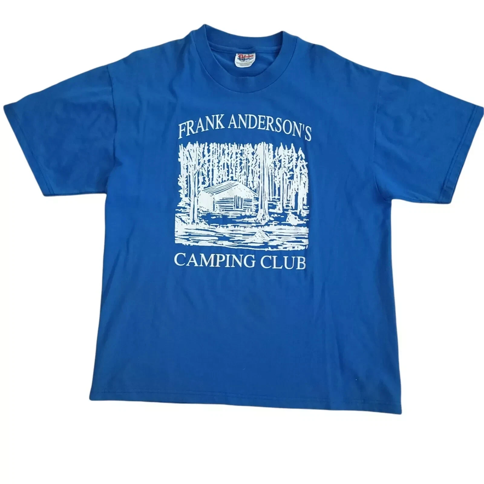 Vintage Hanes Blue T Shirt Tee Mens Large Camping Preshrunk Crewneck Graphic