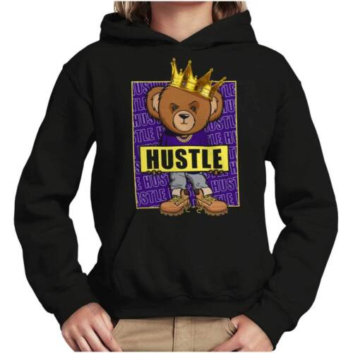 Cool Urban Streetwear Hustle King Teddy Bear Youth Hooded Sweatshirt Boy or Girl