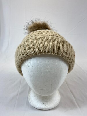 Womens Knit Beanie Pom Pom Top Tan Cuffed OSFA Cold Weather Stretch Casual  Wear