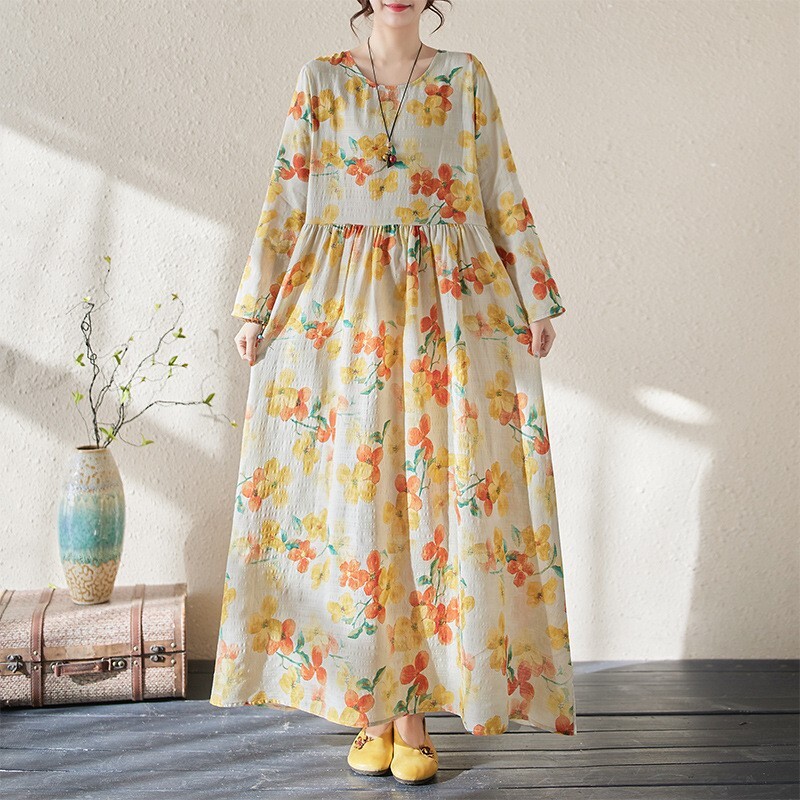 Women Vacation Floral Print Crew Neck Retro Dress Cotton Linen Loose Maxi Gown | eBay Women Vacation Floral Print Crew Neck Retro Dress Cotton Linen Loose Maxi Gown | eBay