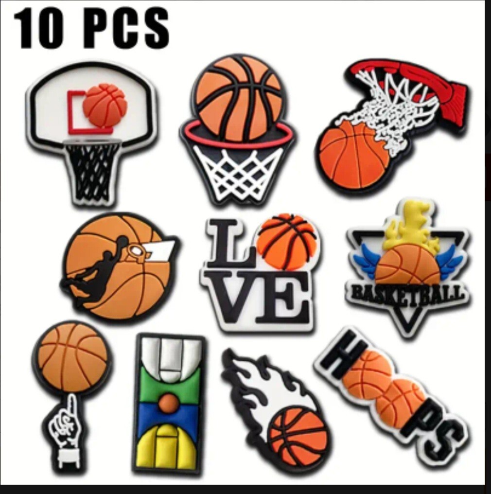 10 pcs Set BASKETBALL Themed Shoe Charms For Clogs Slides Cr