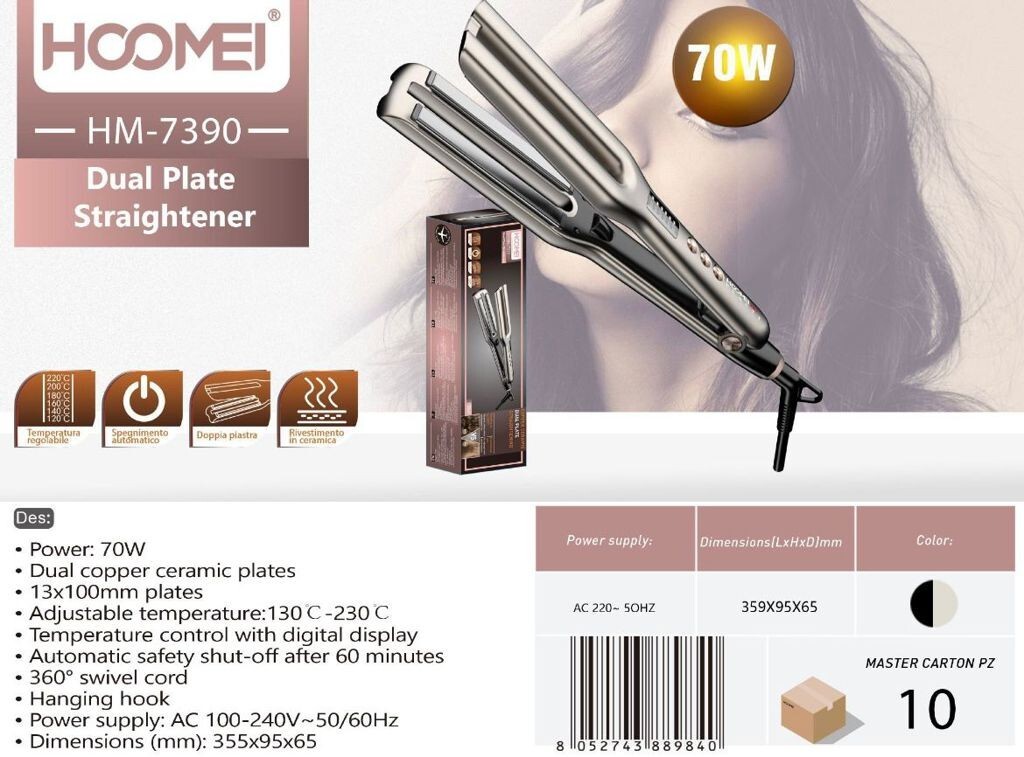 HOOMEI HM7390 Piastra 70W Ceramica Dual Plate 230C Alta Efficienza