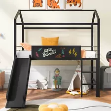 Hombay Metal Twin Loft Bed Frame with Slide Roof Writing Board Child Kids Gifts