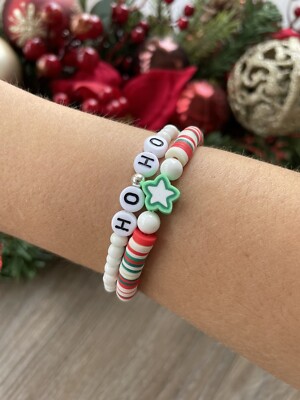 Handmade Bracelets, Clay Bead Bracelets, Ho Ho Christmas  Green & Red - Set Of 2