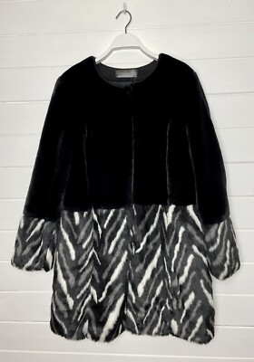 Barbara Lebek Black White Dusky Purple Chevron Faux Fur Coat Jacket 14 BNWT