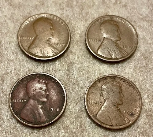 1917, 1918, 1919, 1920 P. Lincoln Wheat Cent 4 Coin Set FREE SHIPPING