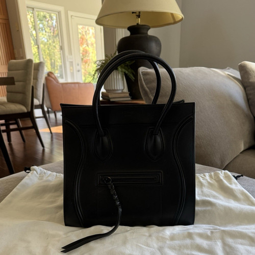 CELINE Phantom Bag Authentic Black Leather Satchel Tote Zip w/ Dust Bag Card