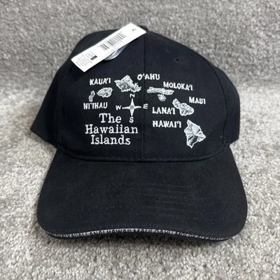 The Hawaiian Islands Hat Cap Strap Back Surfware Black Map Graphic Spell Out Adj - Image 1 of 4