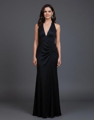 Lulus Black Deep V-Neck Ruched Maxi Dress Halter Backless Formal Gown Medium