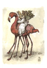 Japanese Postcard: Bunny in White Dress Rides Pink Flamingo - Yuko Higuchi