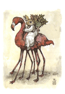 Japanese Postcard: Bunny in White Dress Rides Pink Flamingo - Yuko Higuchi