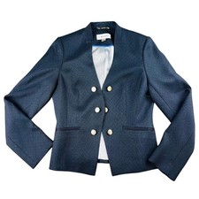 Calvin Klein Blazer Women 8P Blue Gold Buttons Pinstripe Lining Double Breasted