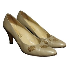 Vintage Salvatore Ferragamo Paisley Taupe Heels Shoes 9AA