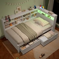 Single Bed 3FT Bed Frame with Drawers Bookcase & Storage Headboard LED Lighting