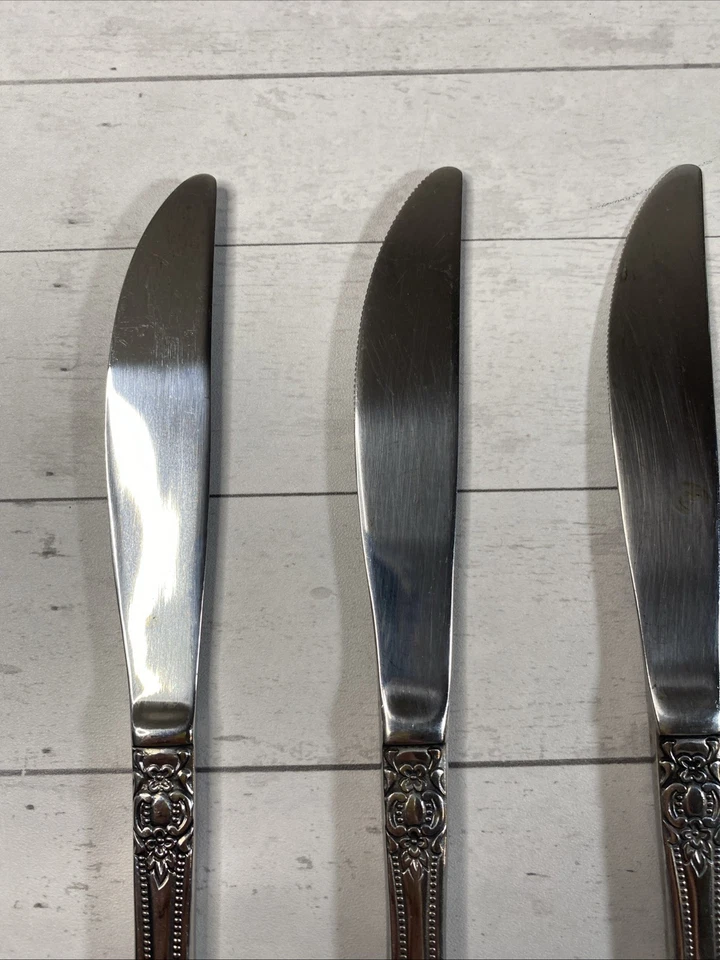 Lote de 6 cuchillos de cena vintage de cubiertos de acero inoxidable Rogers Precious Rose Corea Foto 3 de 4