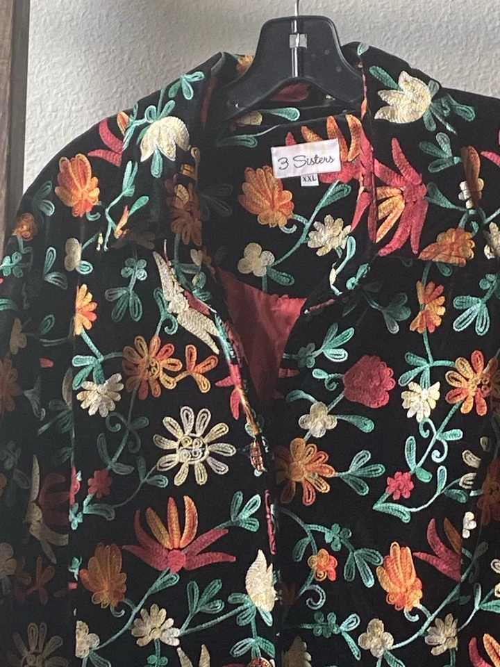 3 SISTERS XXL JACKET Black Embroidered Floral Swing BOUTIQUE UNIQUE COAT - Image 2 of 4