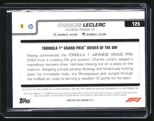 2025 Topps Chrome Formula 1 F1 Charles Leclerc Teal Refractor 256/299 #125 - Picture 2 of 2