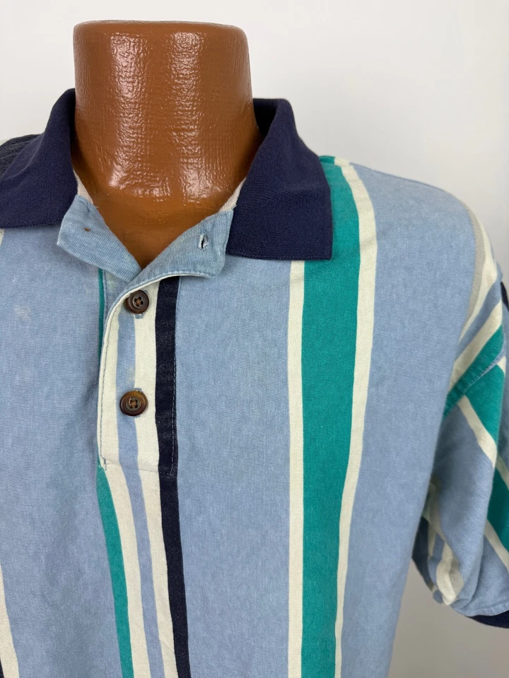 Camisa Polo Vintage Años 90 Colorblock Hombres Mediana Rayas Preppy Algodón Azul Hecha en EE. UU. Foto 2 de 4