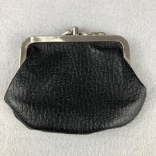 Vintage Black Leather Coin Purse Double Kiss clasp lock closure 2 compartments