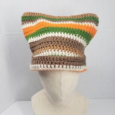 Cat Ear Beanie Crochet Hat Brown Green Stripe Handmade Knit Kitty Soft Winter