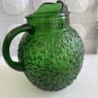 Vintage MCM Anchor Hocking EMERALD Green Glass Bubble Crinkle Pitcher Ice Lip