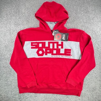 Southpole Men XXL Red Gray Colorblock Puff Logo Hoodie Sweatshirt