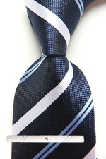 New Classic Striped Blue Silver JACQUARD WOVEN 100 Silk Men's Necktie Tie