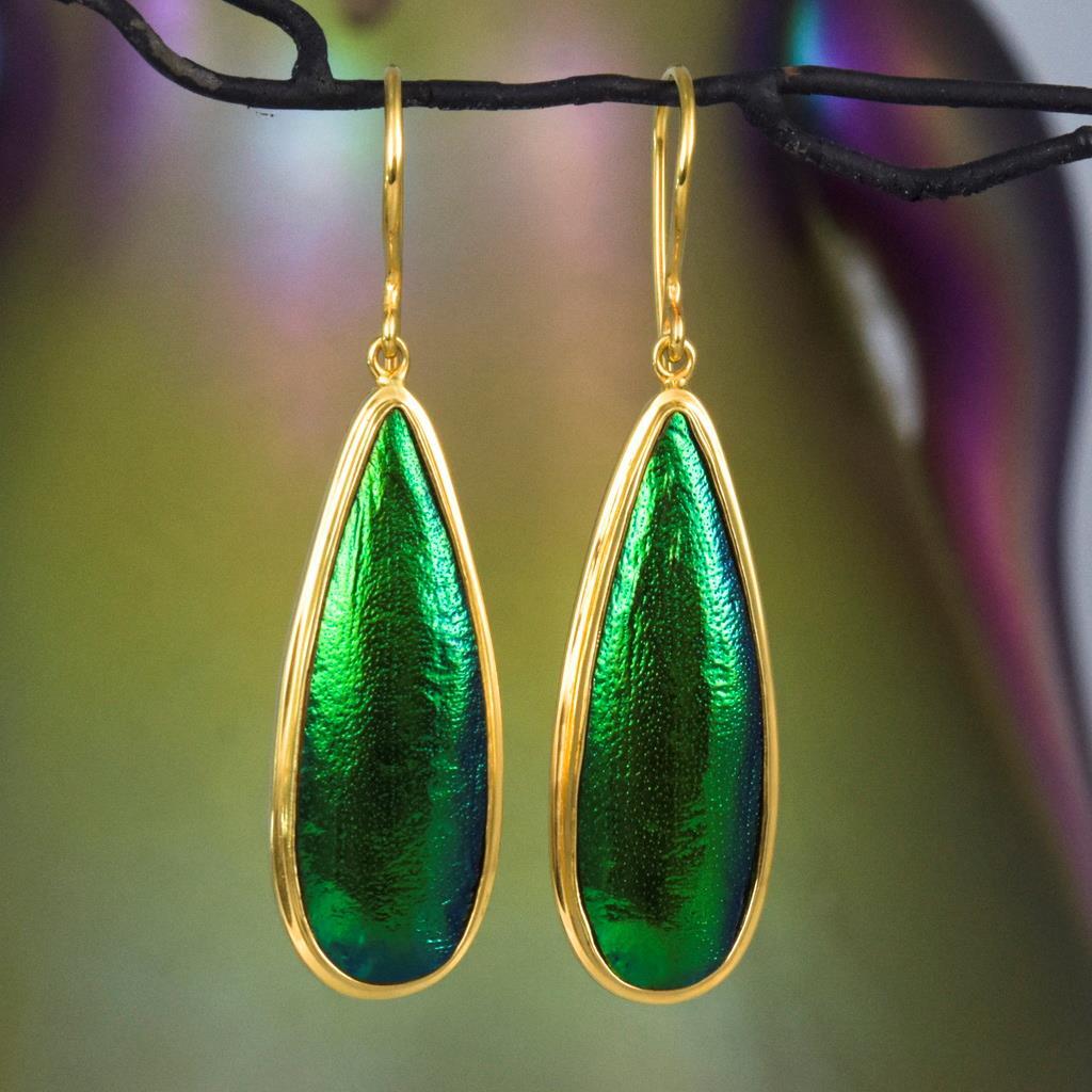 Green Jewel Beetle Wing Earrings in Gold Vermeil & Sterling Silver Handmade 5.17g-image