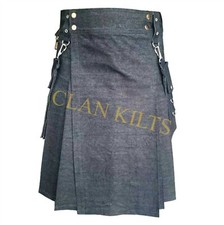 Handmade Indigo Blue Denim Scottish Traditional Utility Kilt for Men Custom Kilt