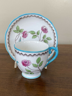 Roslyn England DERWENT Pink Rose Enameled Footed 2    Demitasse Cup & Saucer Set